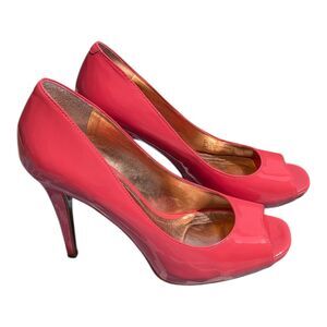 BCBGeneration DION Women's Coral Red Patent High Heel Open Toe Pumps Size 8